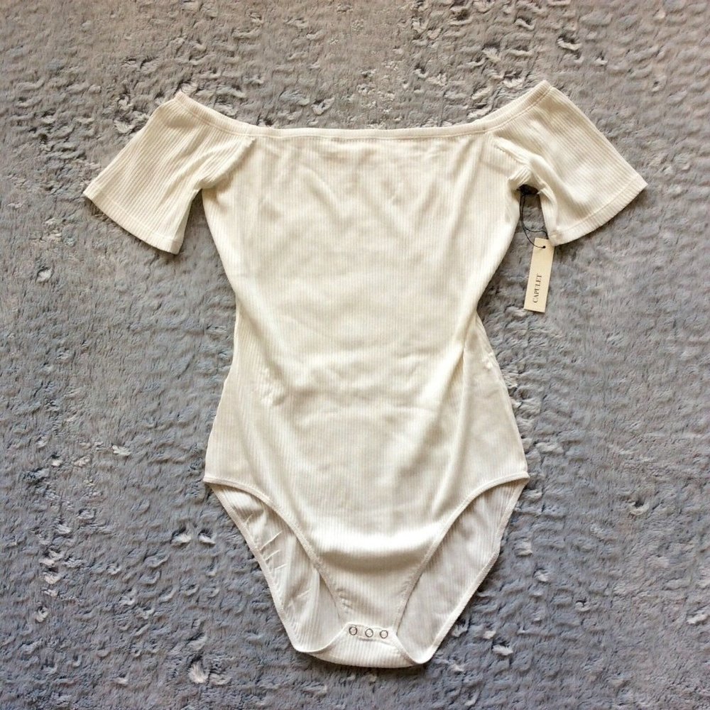 Capulet Off-White Ribbed Off the Shoulder Bodysuit‎